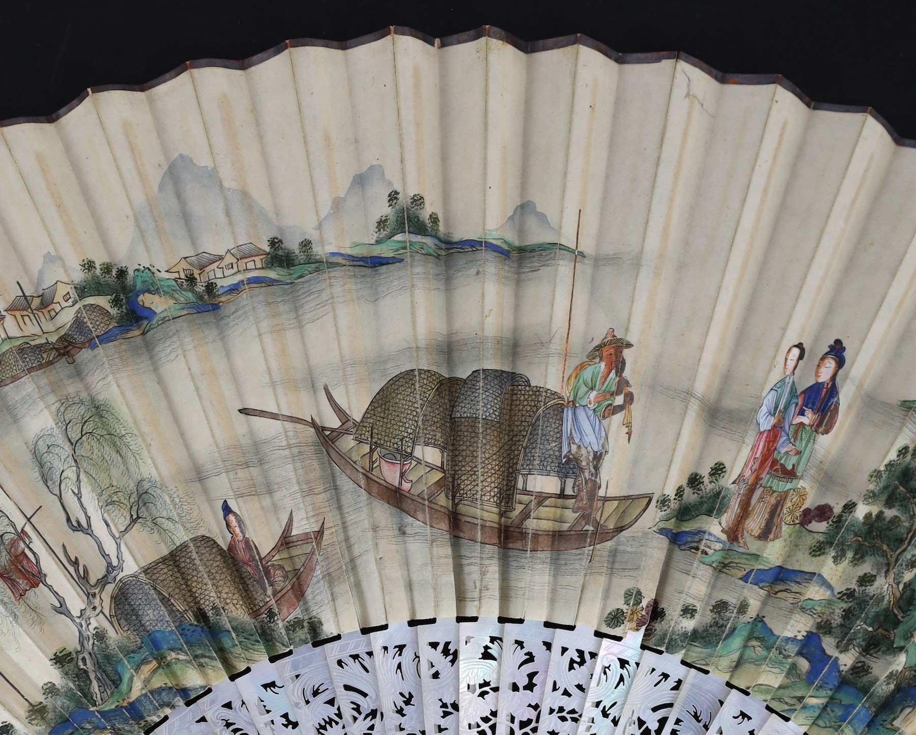 A Chinese painted leaf fan with mother-of-pearl sticks, 19th century, 28cm, some damage to mother-of-pearl